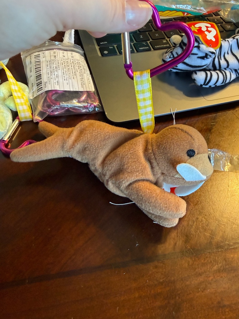 Ty Beanie Baby Walrus Keychain with Yellow Gingham Strap